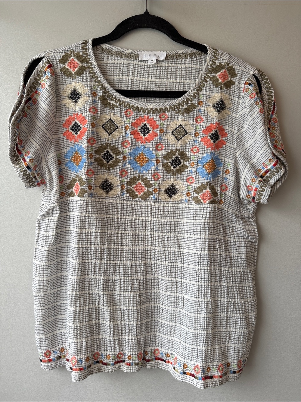 THML White Textured Embroidered Short Sleeve Top Multicolor Motifs linen cotton